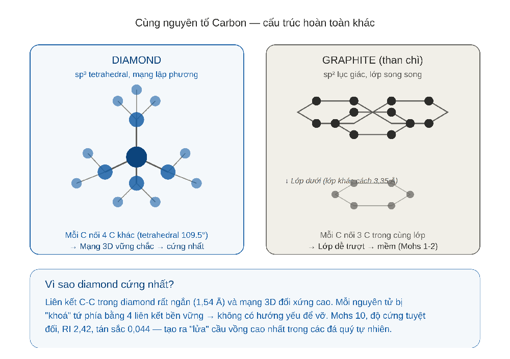Cấu trúc tinh thể Diamond vs Graphite — cùng nguyên tố Carbon