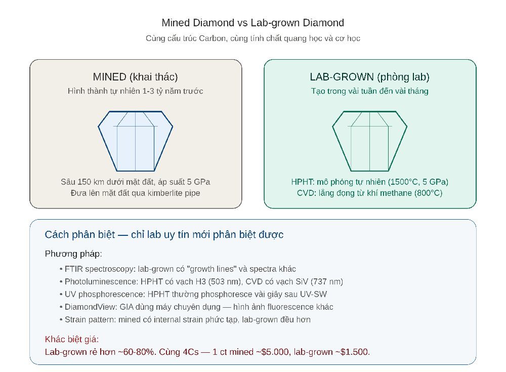 Mined Diamond vs Lab-grown Diamond — phân biệt và so sánh