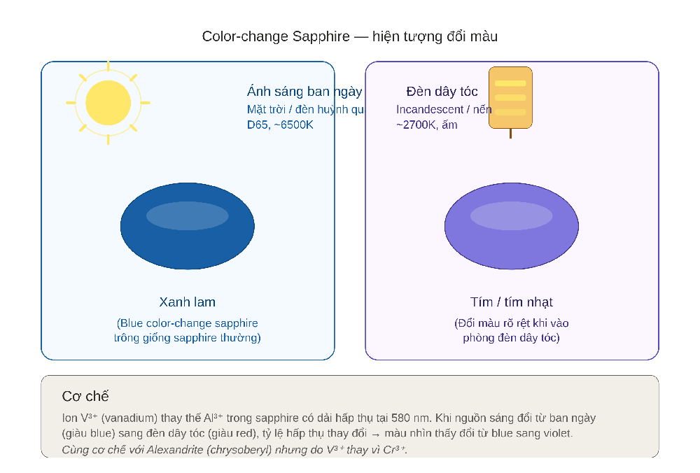 Color-change sapphire — đổi màu dưới 2 nguồn sáng