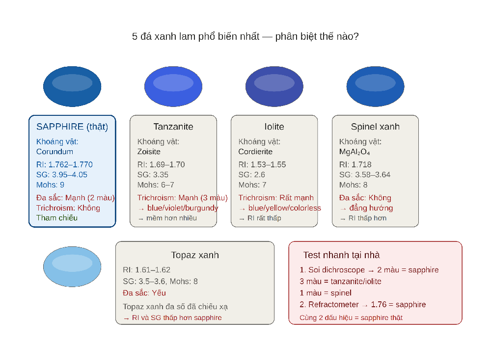 So sánh blue sapphire thật và 4 đá nhái phổ biến